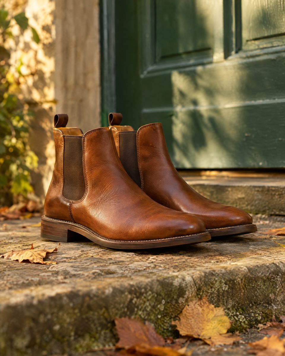 Tan leather Chelsea boots on a stone doorstep with autumn leaves
