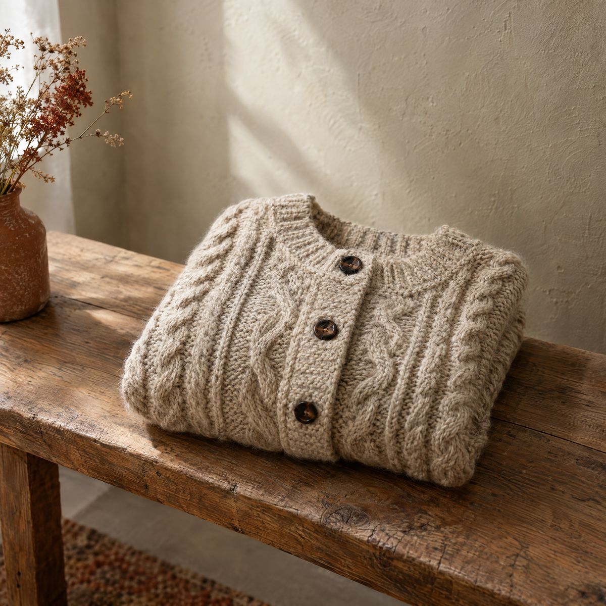 Demo ad: an oat cable-knit cardigan folded on an oak bench, for a fictional brand