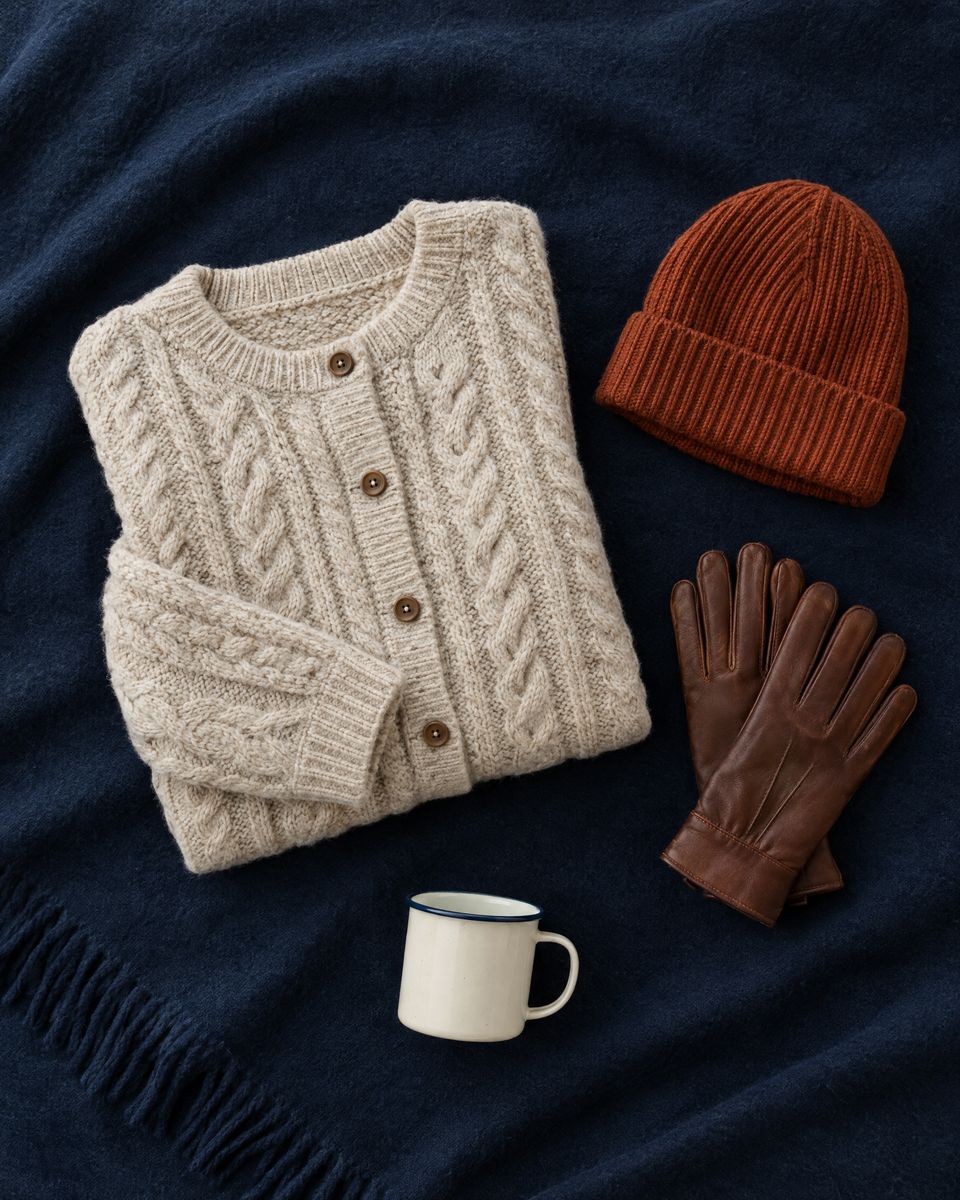 Flat lay of a cardigan, a rust beanie, leather gloves and an enamel mug on a navy blanket