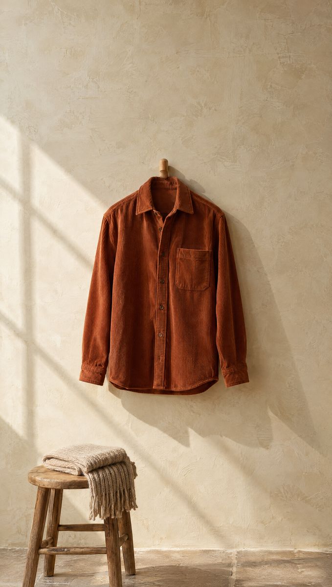Rust corduroy overshirt hanging from a wooden peg on a plaster wall