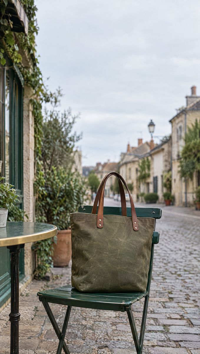 Olive waxed-canvas tote bag on a green bistro chair on a cobbled street